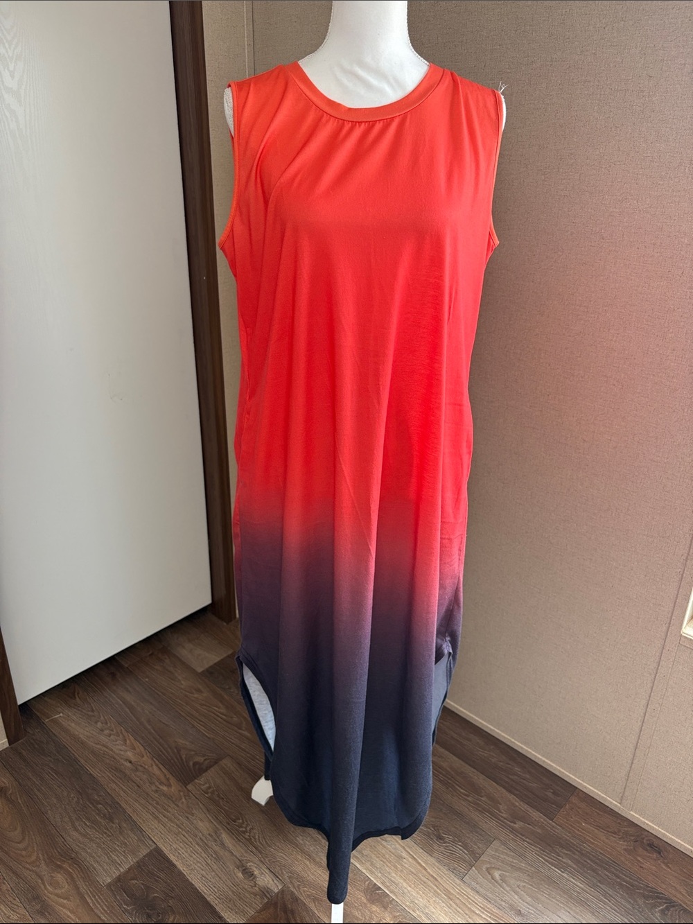 Anrabess Womens Ombre Maxi Dress XL Coral Navy Sleeveless Side Slit Boho Travel